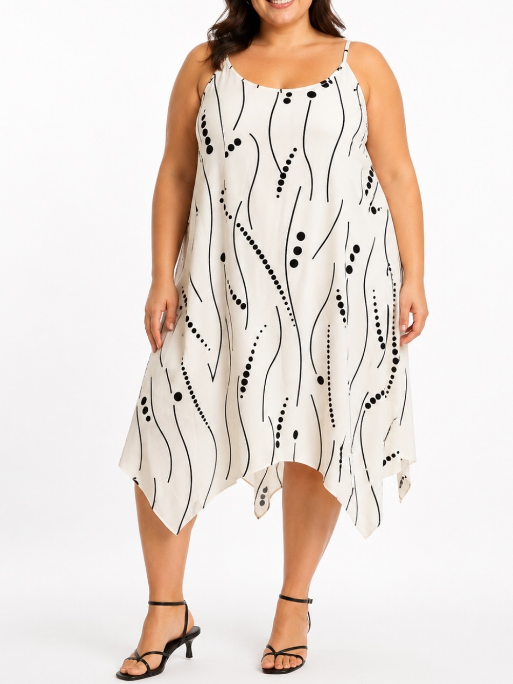 Plus Size white black abstract dot spaghetti strap handkerchief hem dress 4XL